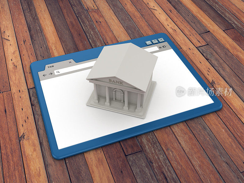 Web浏览器与银行大楼的木地板背景- 3D渲染
